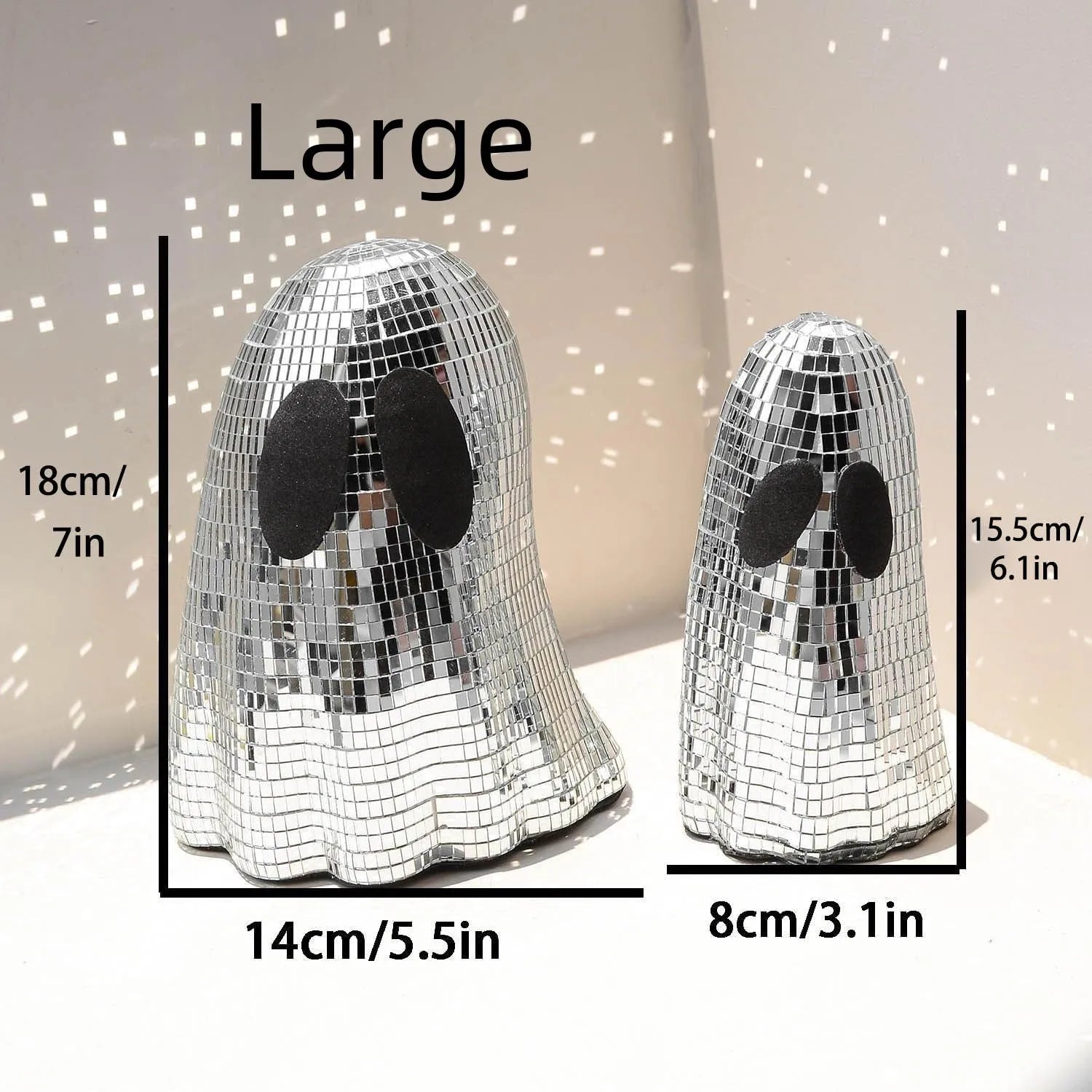 Silver Halloween ghost desktop decoration with mosaic mirror patch inlay on glass.