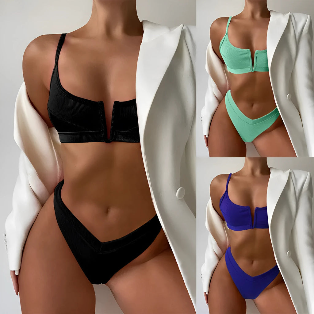Women's high-waist triangle bikini swimsuit with split design in multiple colour options