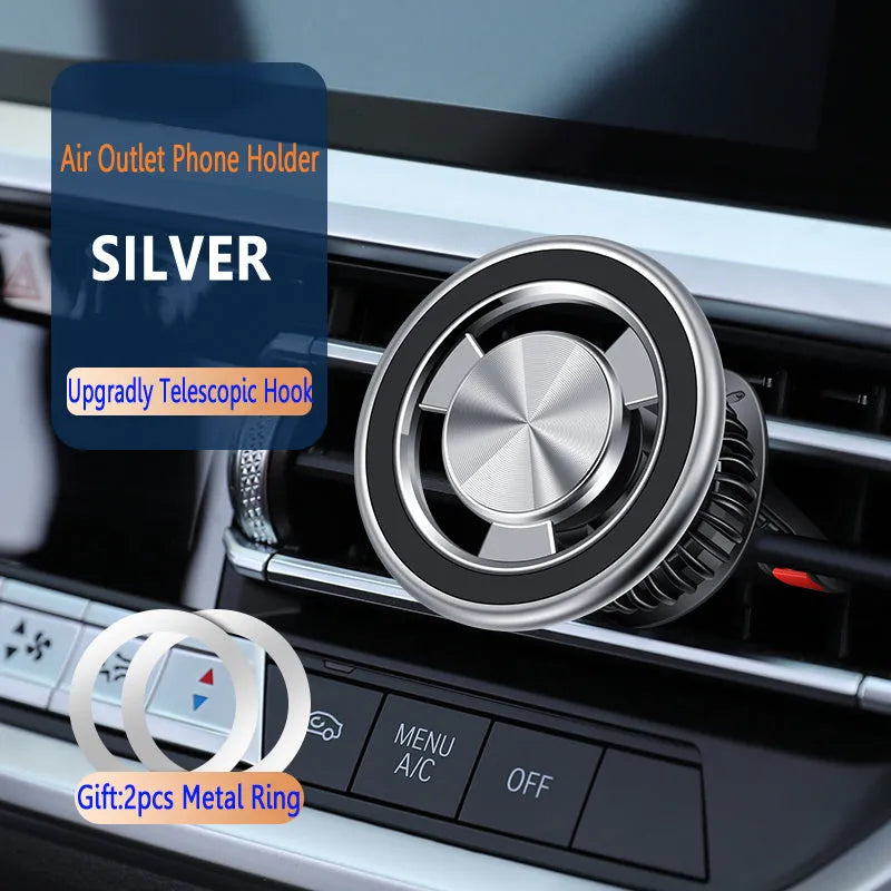 Silver and black car air vent magnetic phone holder with alloy bracket and magnetic plate