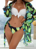 Women's three-piece mesh split bikini swimsuit set with quick-drying polyester lining