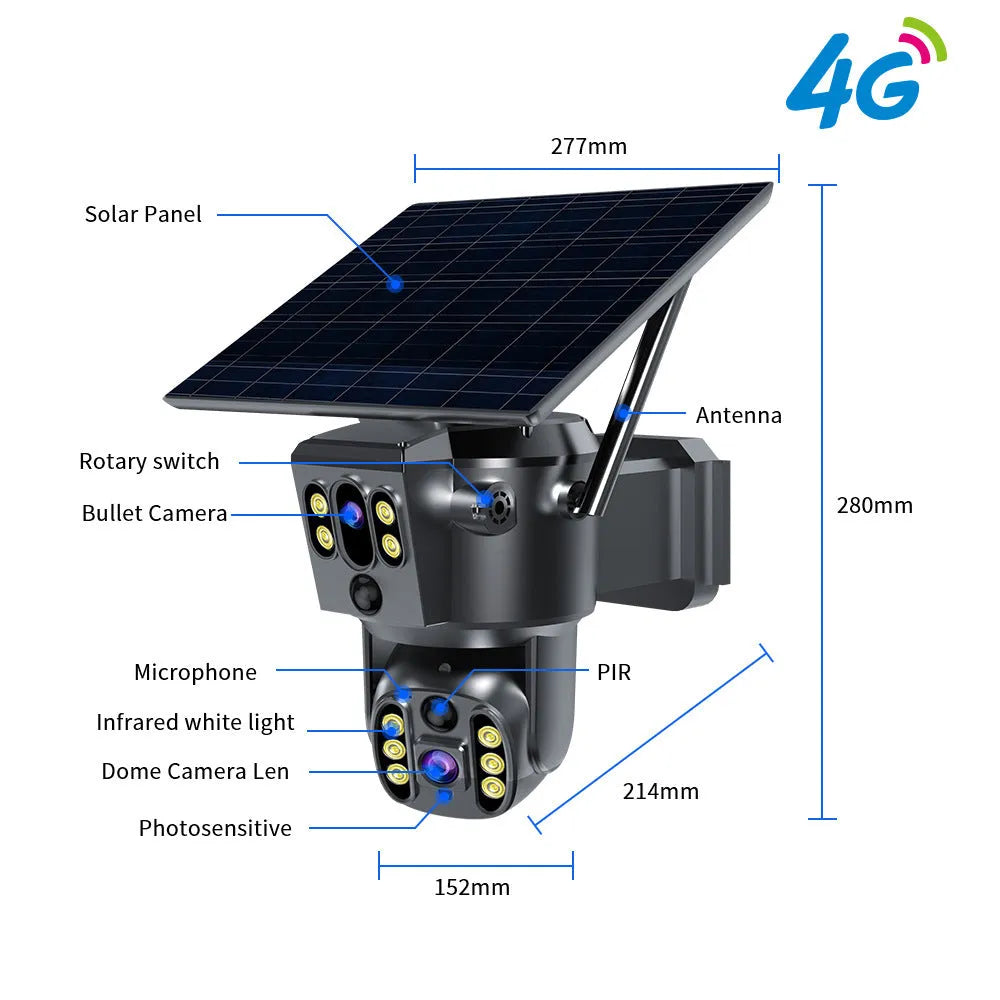 Solar dual lens PTZ security camera, 2560x1440, 30x digital zoom, 15m night vision, wall mounted