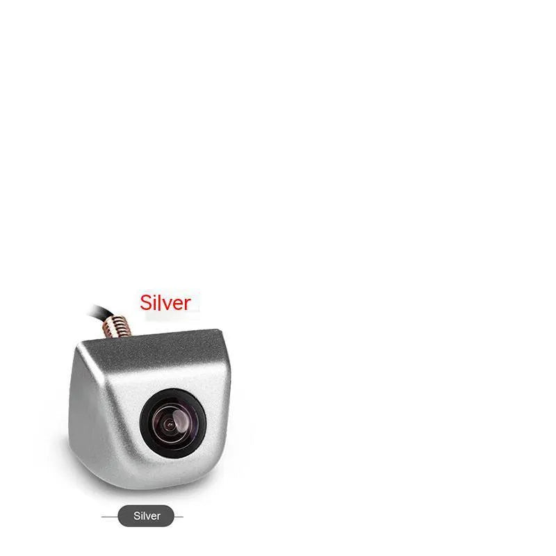 Black metal waterproof HD car rearview camera with integrated cable on a white background.