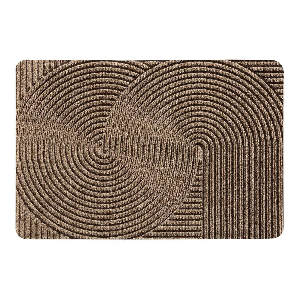 Green diatom earth entrance floor mat with alien shape, wire ring border, and cartoon anime pattern.