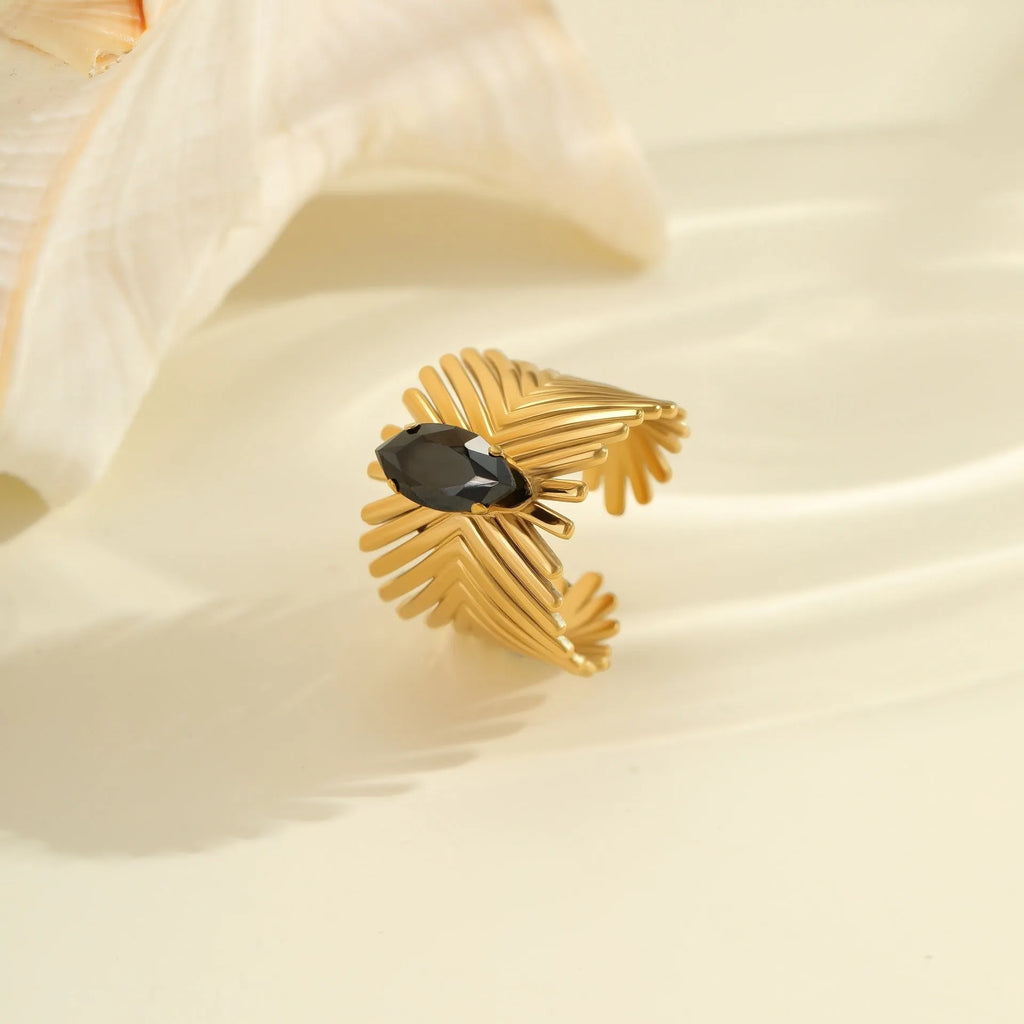 Geometric women's adjustable ring with inlaid zircon on a titanium steel band.