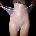 Man wearing shiny transparent high-waist nylon briefs in grey, showing seamless ultra-thin construction.