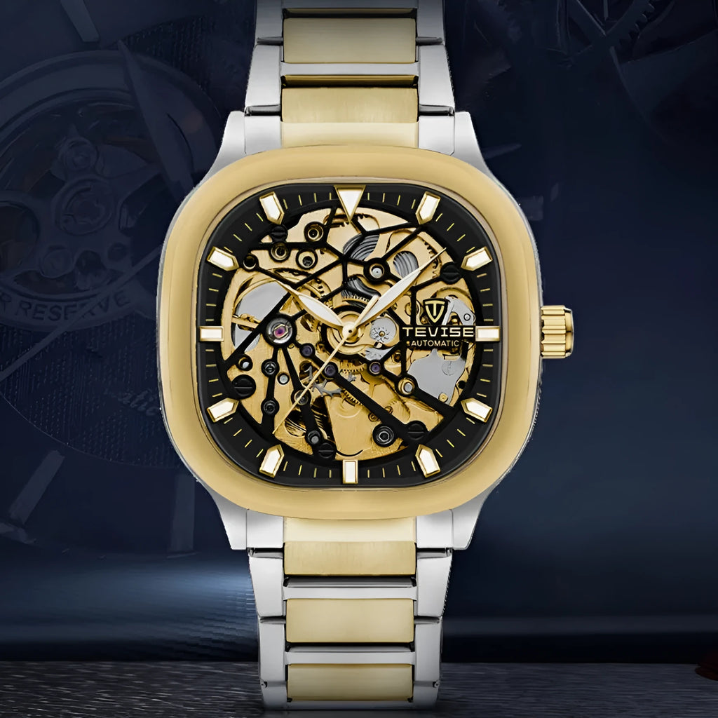 Men's square automatic watch with luminous hands on stainless steel bracelet, showing hollow case design.