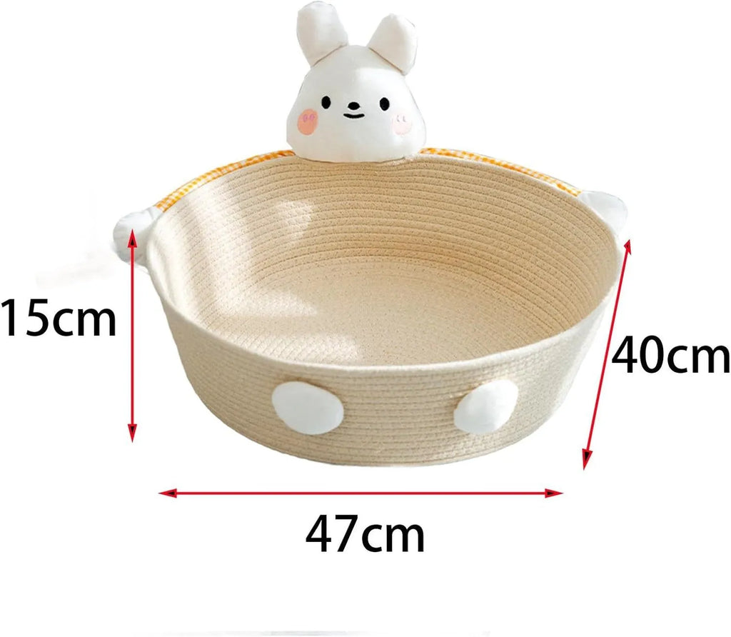 Woven cotton rope cat bed with integrated scratch board in bear design, showing basket shape with pet toy storage