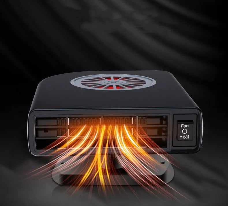 Black vehicle-mounted heater showing adjustable vents, dimensions 11x6.5x14cm, with double-sided adhesive.