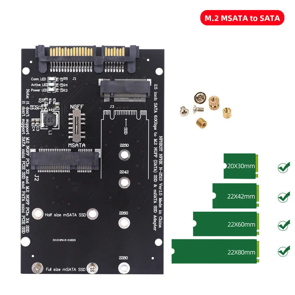 SATA3 to M.2 and mSATA SSD adapter conversion card on a blue printed circuit board.