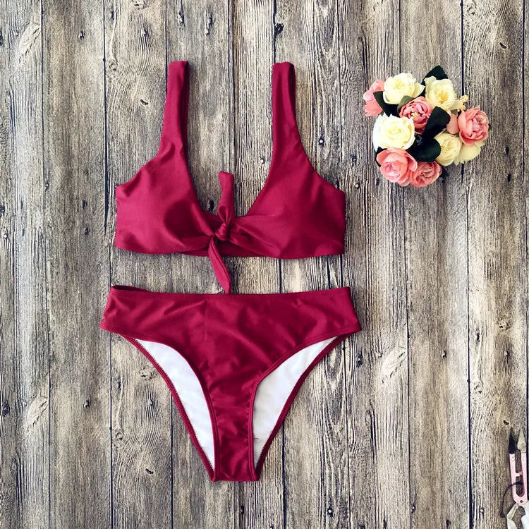 Women's pure colour bikini set in European American style with tight fit