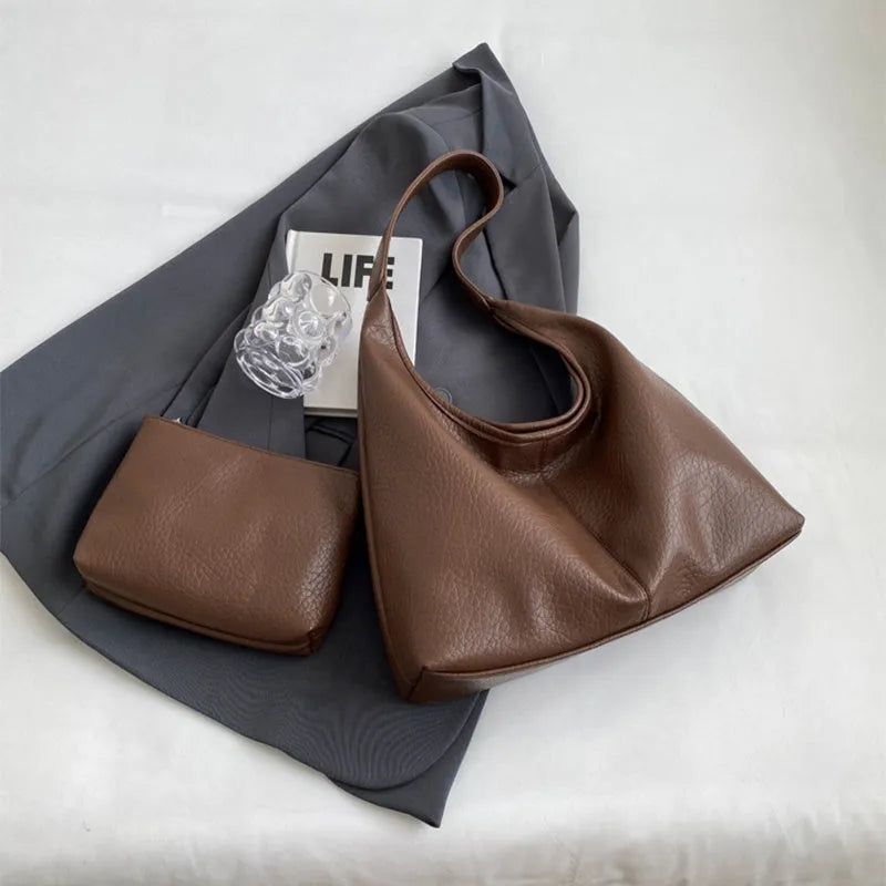 2Pcs women's large capacity PU shoulder bag set with small wallet in beige, black, apricot, brown, coffee, or khaki