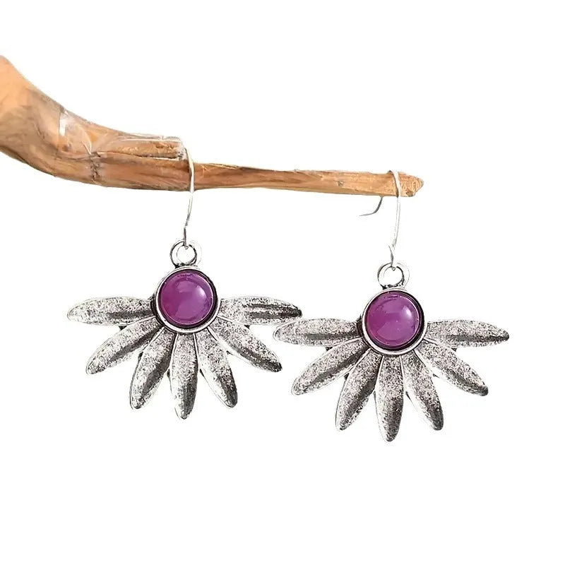 Purple Bohemian style floral drop earrings with resin gemstone and animal zodiac design on alloy frame