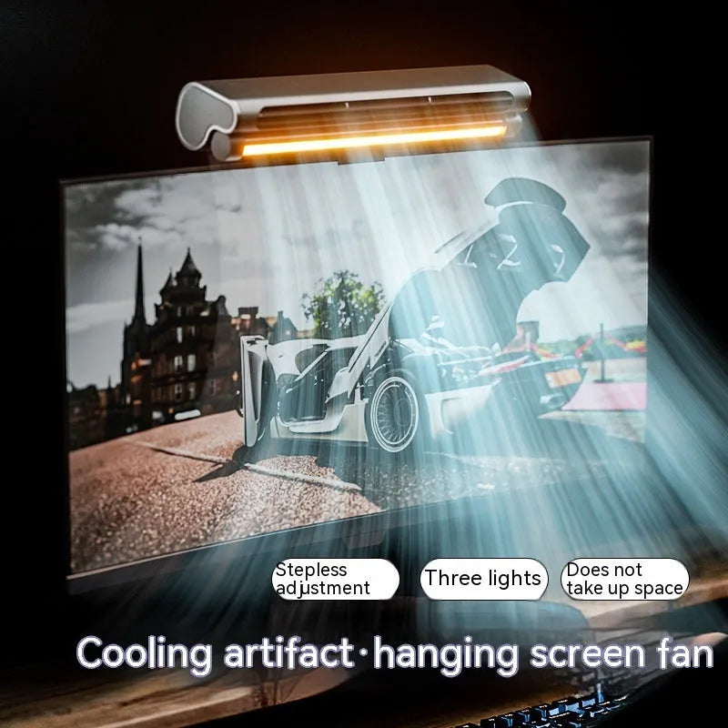 Black USB-powered bladeless clip-on fan with integrated lamp attached to a laptop screen.