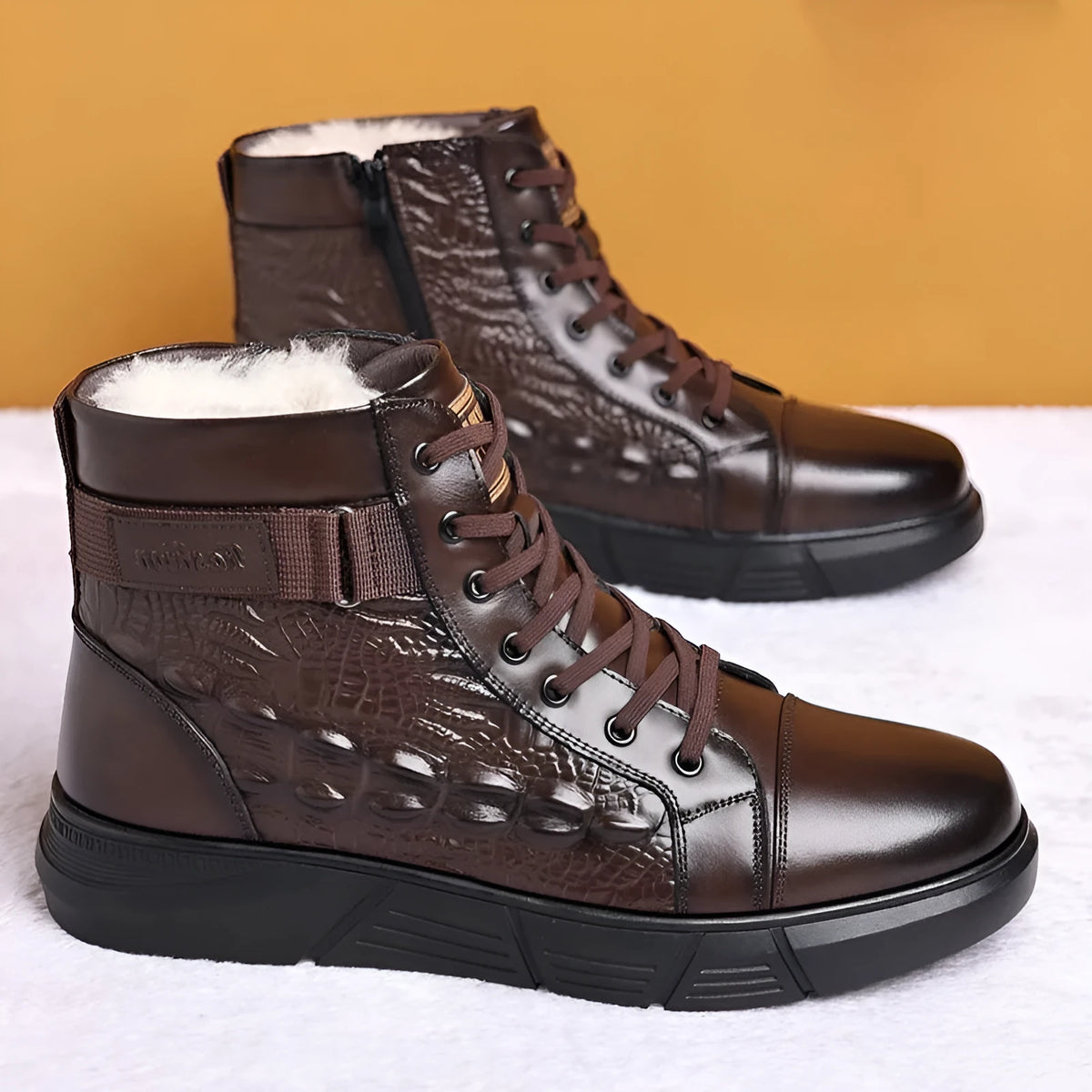 Black and brown velvet finish lace-up snow boots with faux fur lining and rubber soles