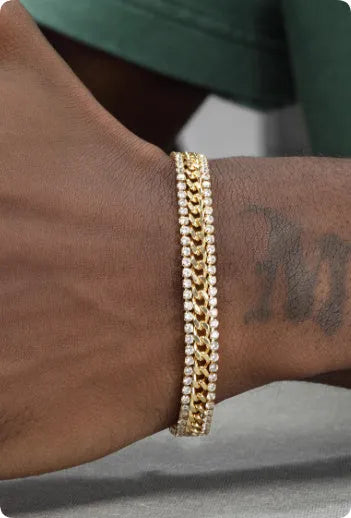Gold plated tennis bracelet with stone inlay details on titanium steel base for unisex wear