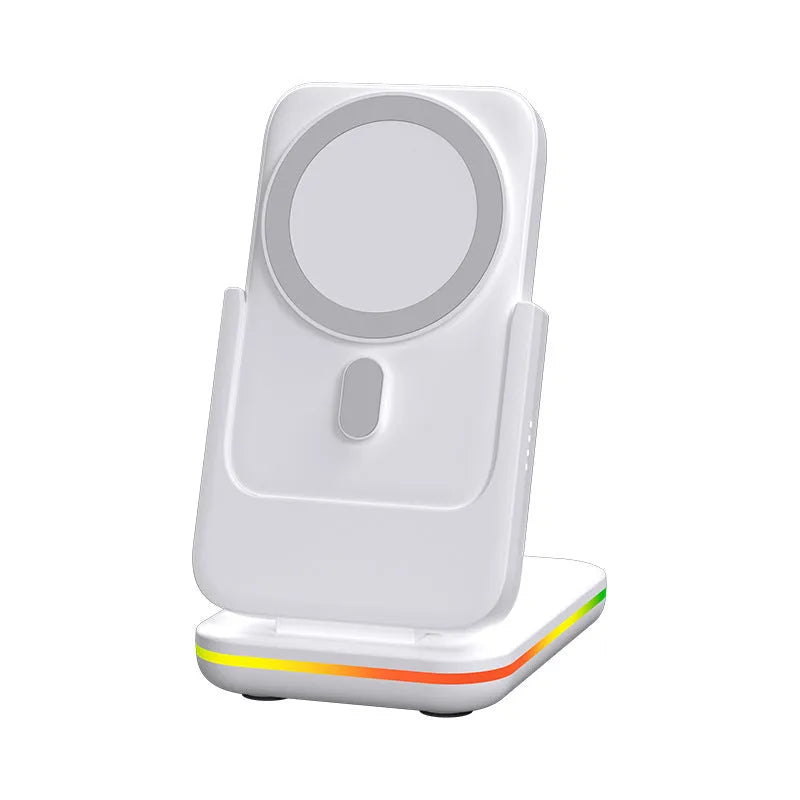 Magnetic three-in-one wireless charger and 5000mAh power bank with Type-C, in black or white, ABS body.
