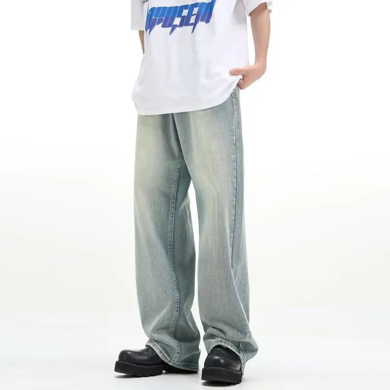 Blue loose retro-style casual trousers on a hanger, showing elasticated waist and rabbit fur fabric.