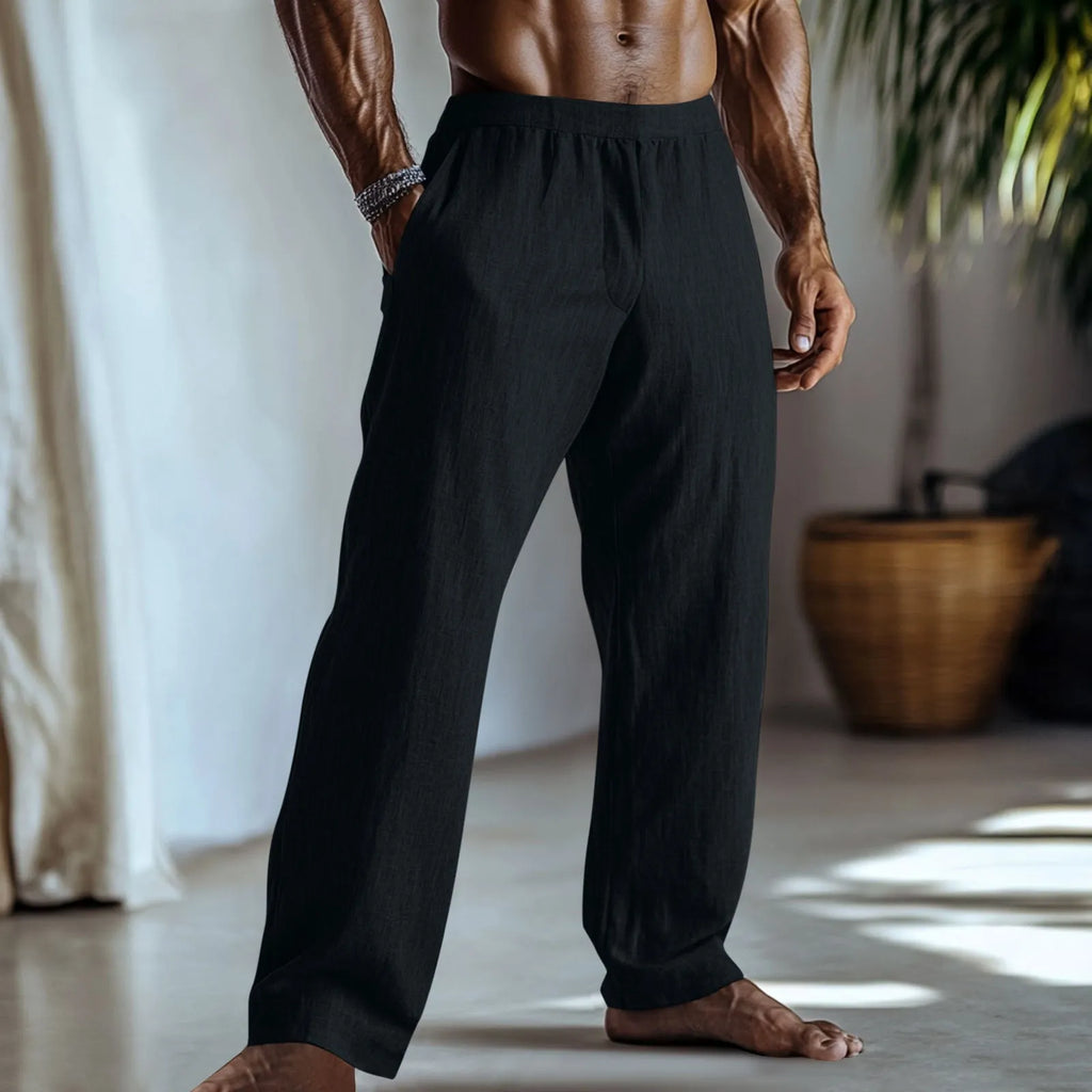 Straight-leg cotton linen casual trousers in light green colour, showing five-pocket design.
