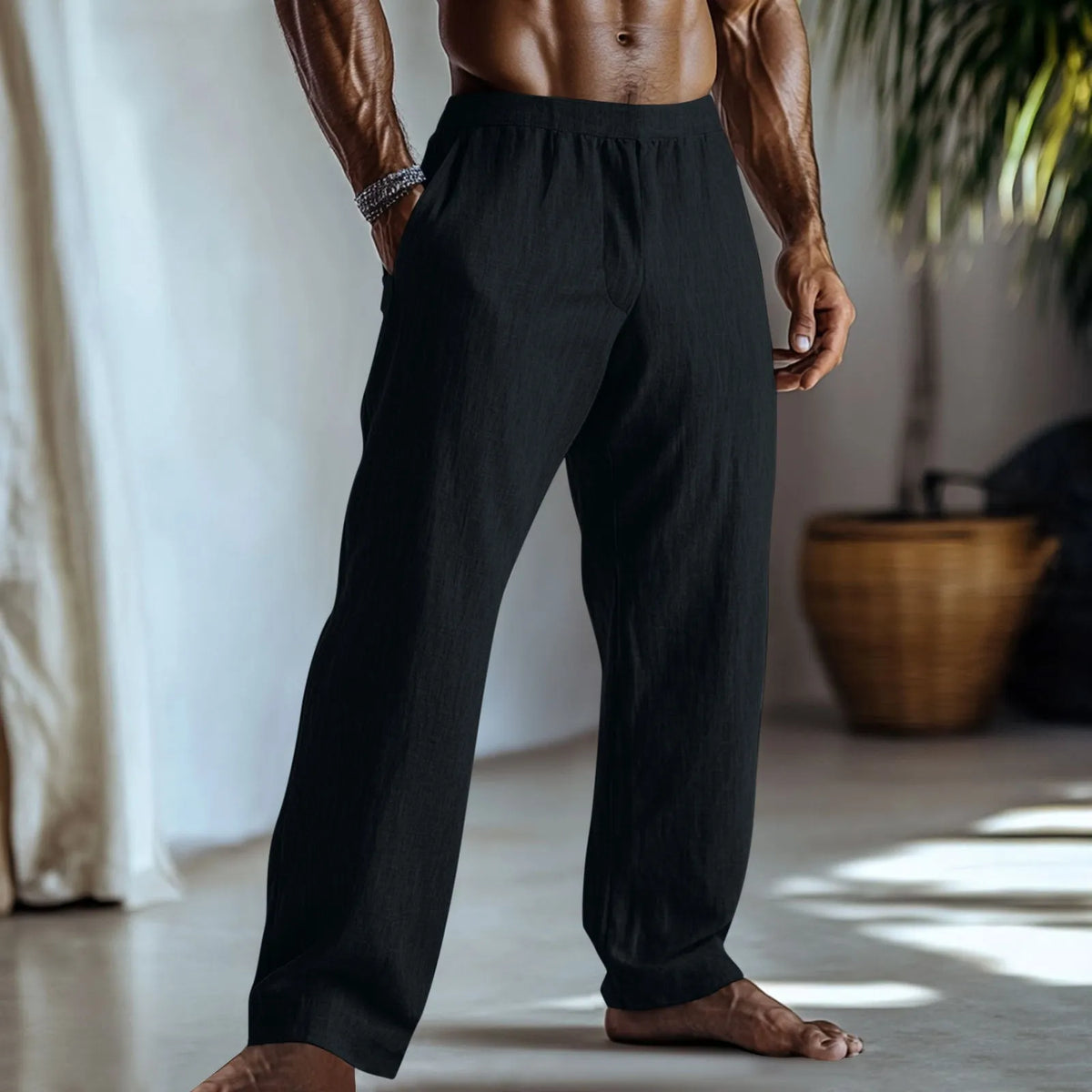Straight-leg cotton linen casual trousers in light green colour, showing five-pocket design.