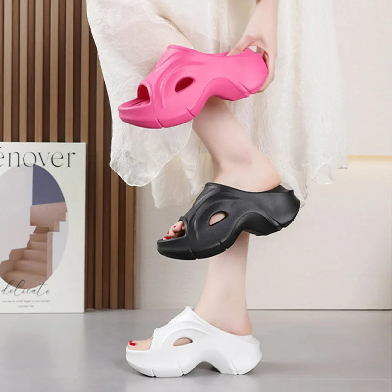 Women's EVA slippers with thick sole in black, rose red or white colours on beach background