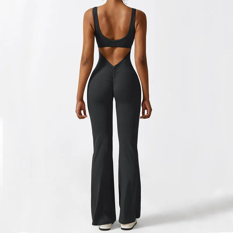 Women's sleeveless flare jumpsuit for yoga and fitness in thin polyester fabric