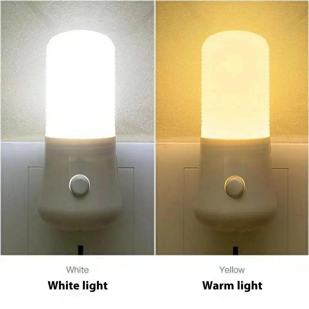 Minimalist cube bedside night light with US plug showing white and warm light switch