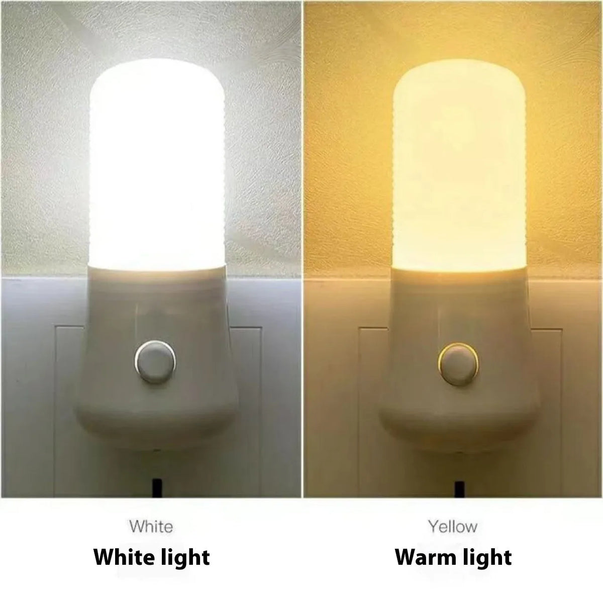 Minimalist cube bedside night light with US plug showing white and warm light switch