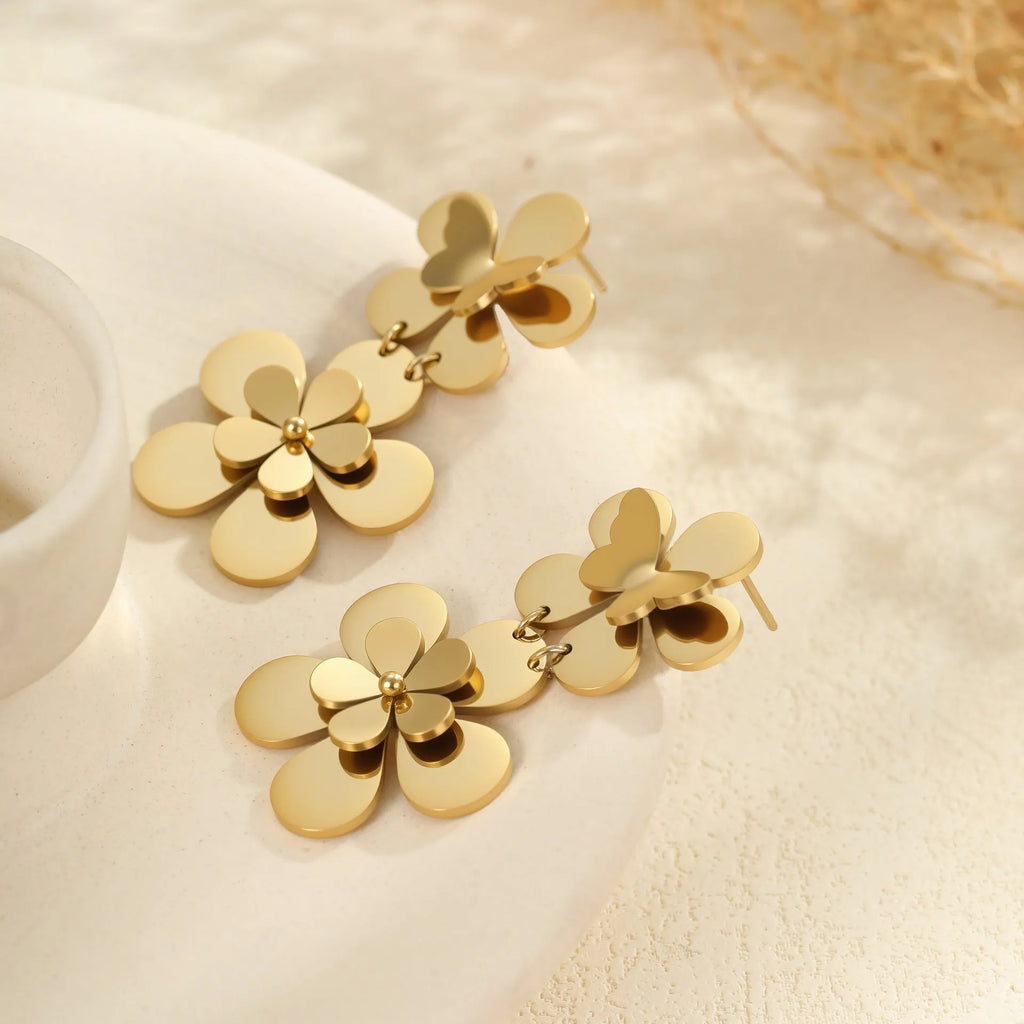 Gold floral butterfly design stainless steel earrings for women with 18K electroplating