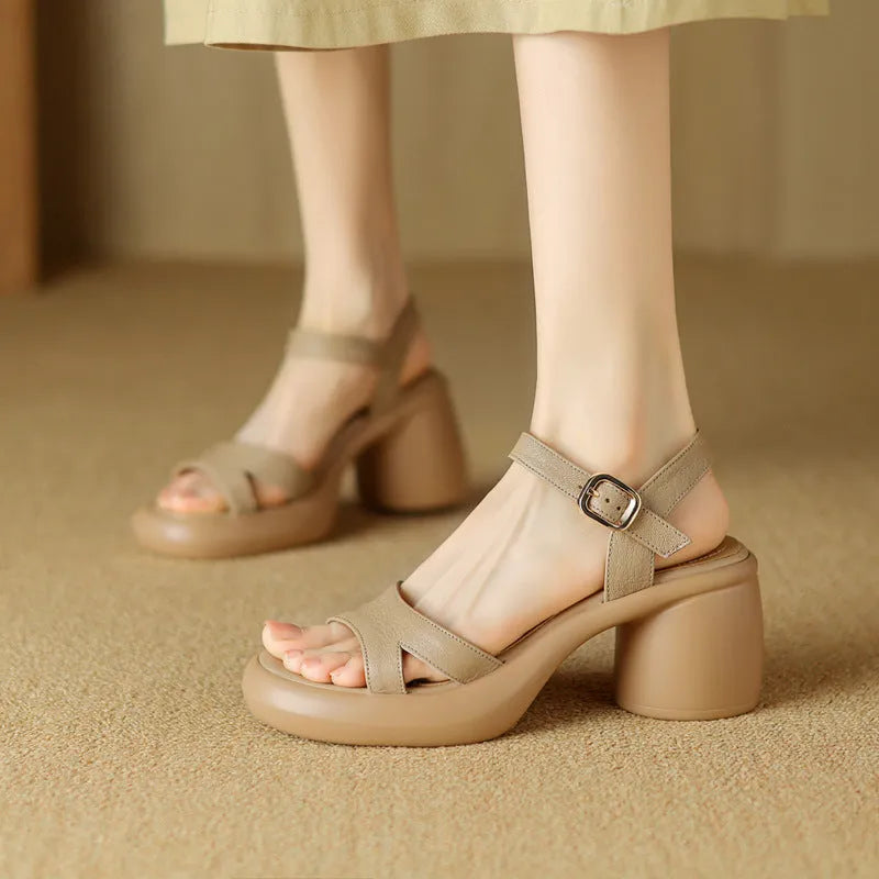 Women's open toe platform sandals in beige colour with microfiber upper and rubber sole
