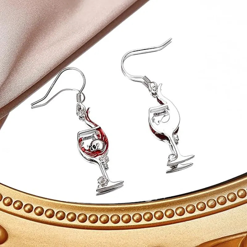 Halloween skull wine glass design earrings with zinc alloy construction and electroplated metallic finish