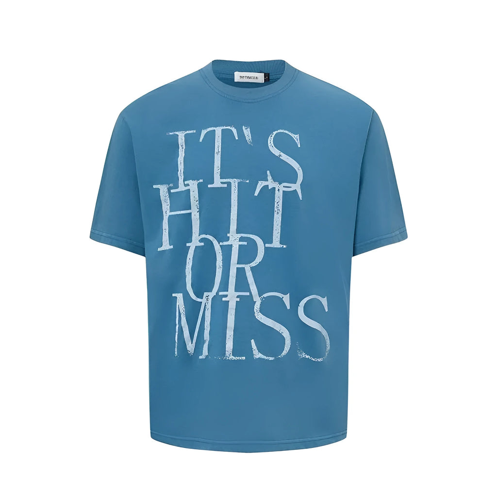 Men's blue loose-fit American retro t-shirt with a large white letter print across the chest.