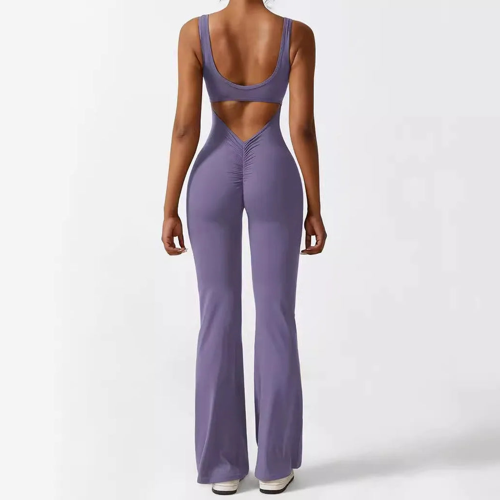 Women's sleeveless flare jumpsuit for yoga and fitness in thin polyester fabric