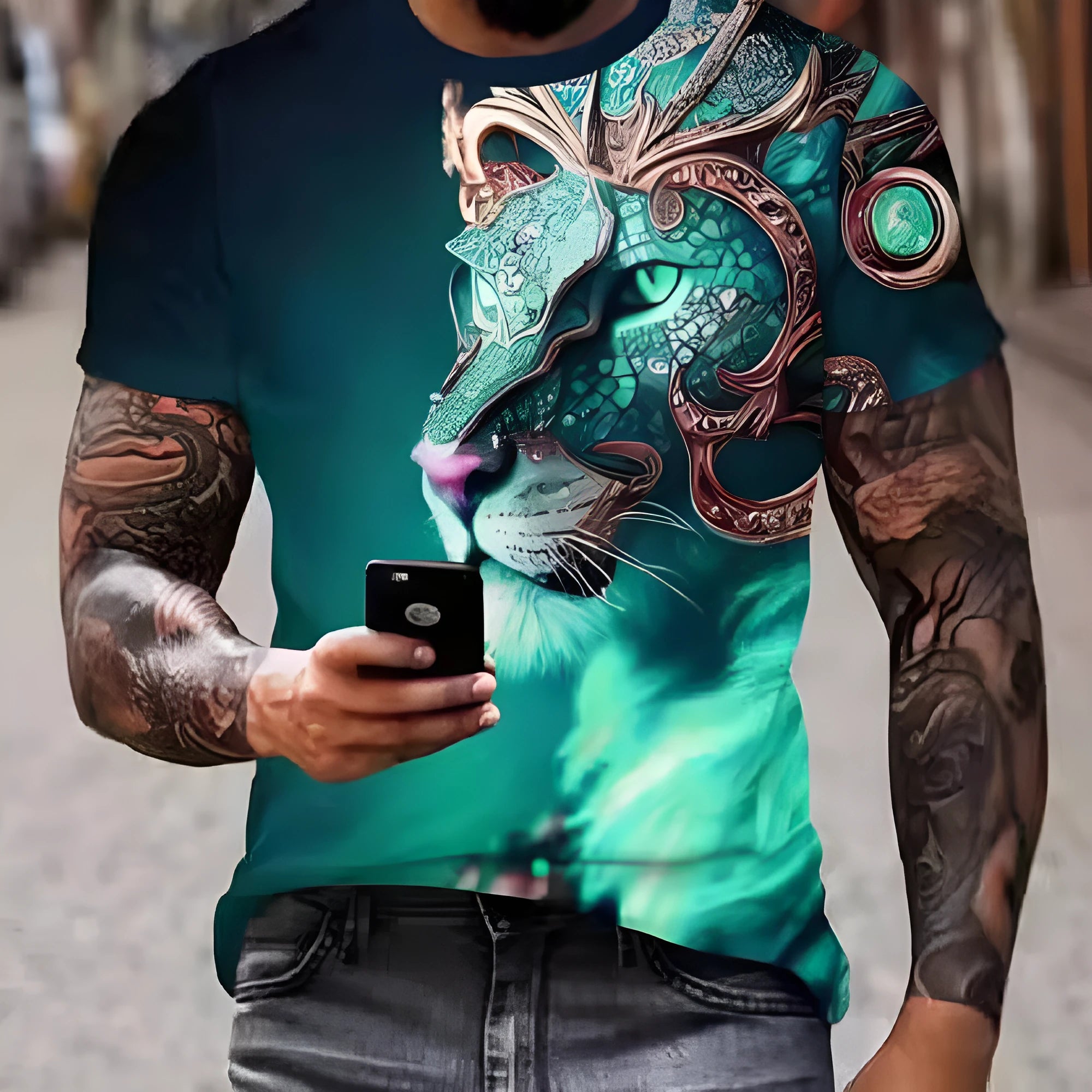 Men's grey T-shirt with a raised 3D lion head print on the chest, showcasing texture and detail.