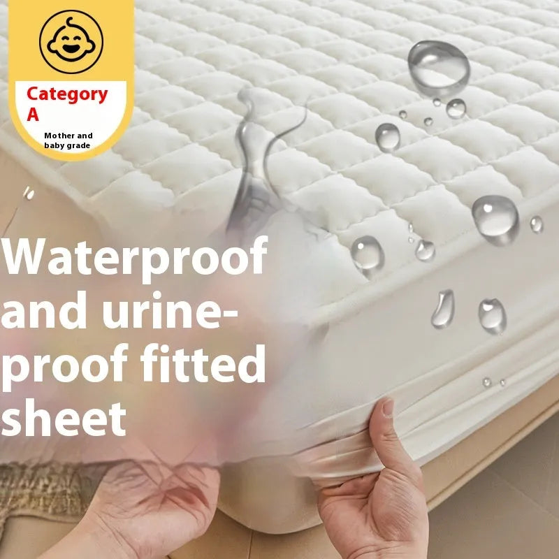 Blue washed cotton waterproof fitted sheet with elasticated corners on a mattress.