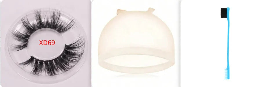 5D mink false eyelashes with protective hair cap and double-headed brush on white background