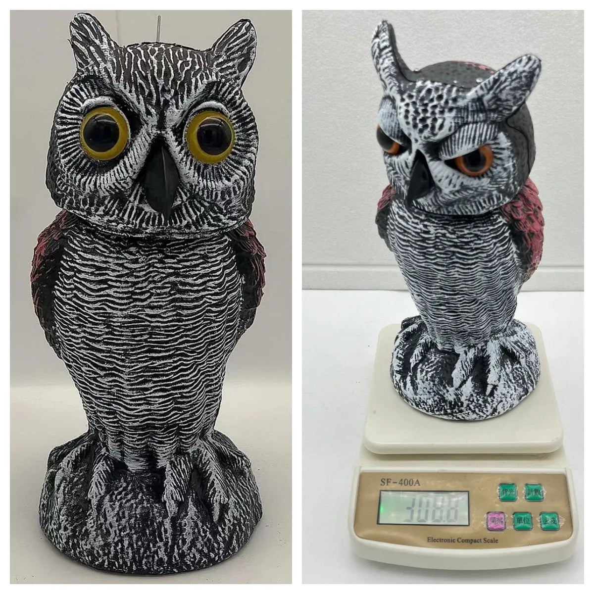 Polyethylene artificial owl bird scarer ornament with moving head, shown in a garden setting.