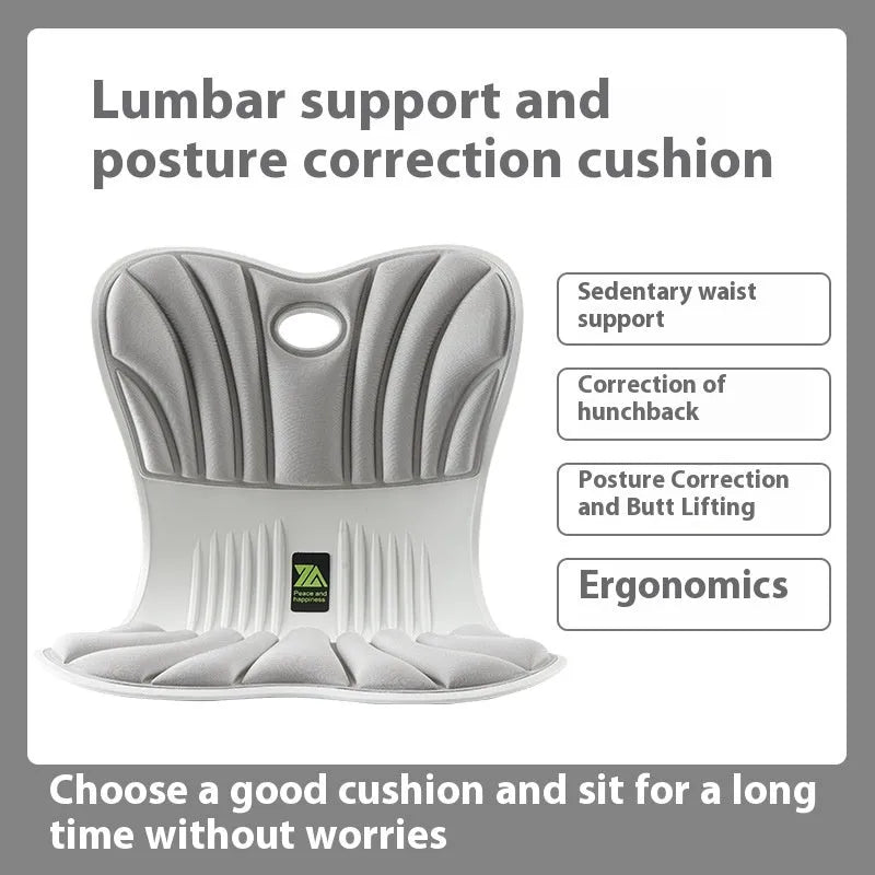Grey ergonomic office seat cushion with integrated back support for waist and posture correction