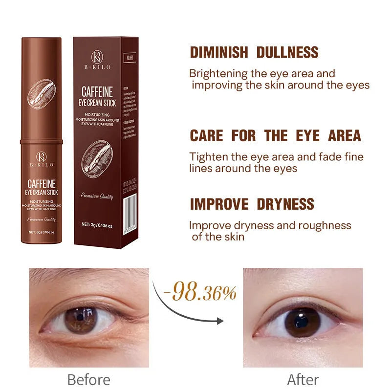 Caffeine eye cream stick in silver and white packaging, showing the 3g applicator for under-eye use.