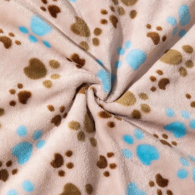 Cartoon print pet blanket in blue dog design showing double-sided thickened flannel construction
