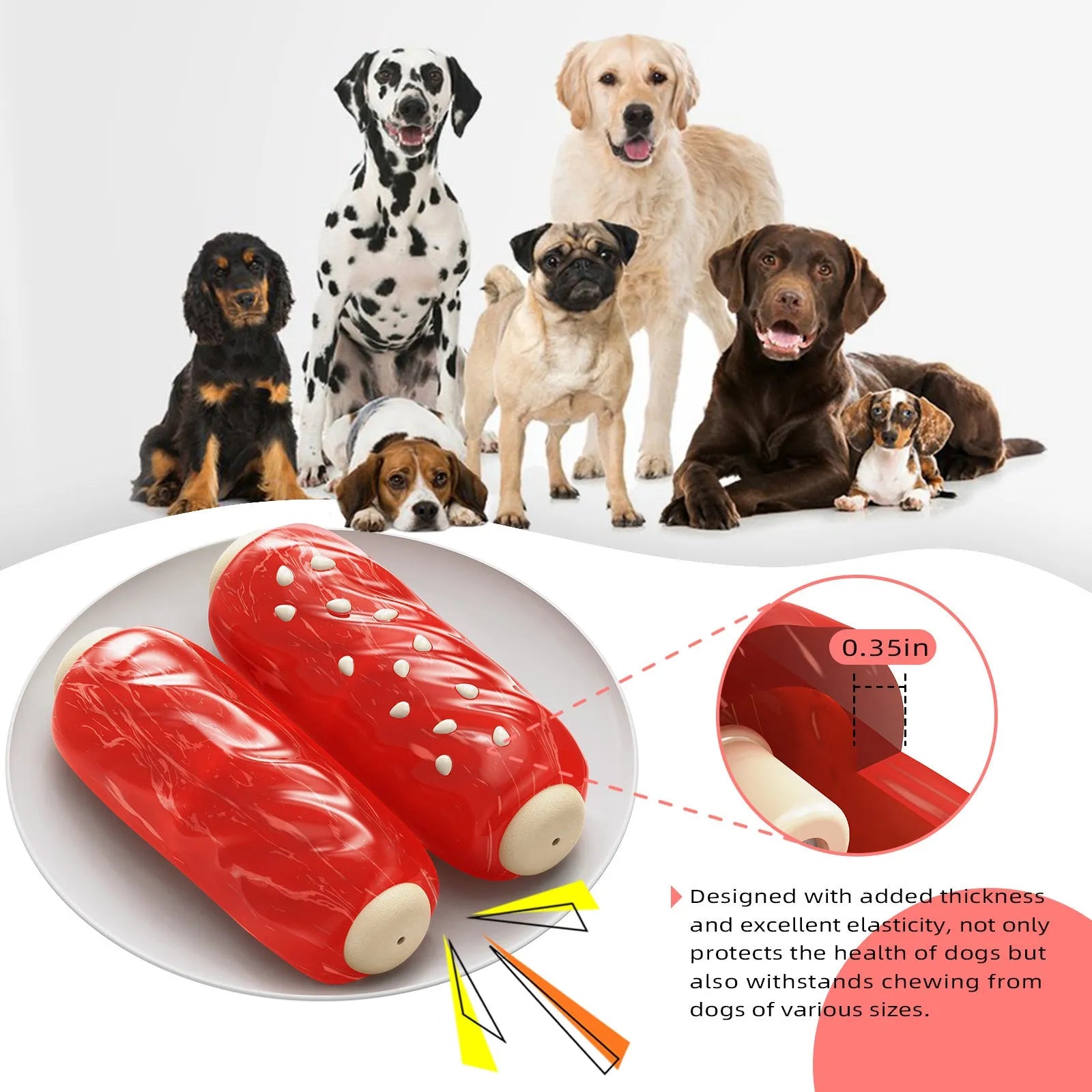 Primary colour plastic dog chew toy shaped like molar rod with bristle-textured surface