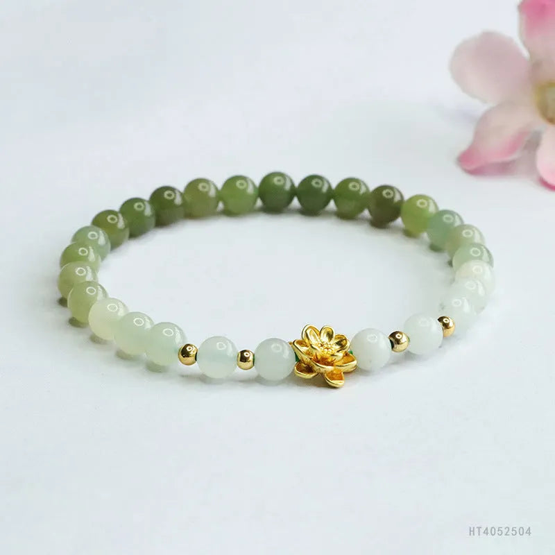 Hand-woven Hetian jade bracelet with sunshine water gradient colour and floral design