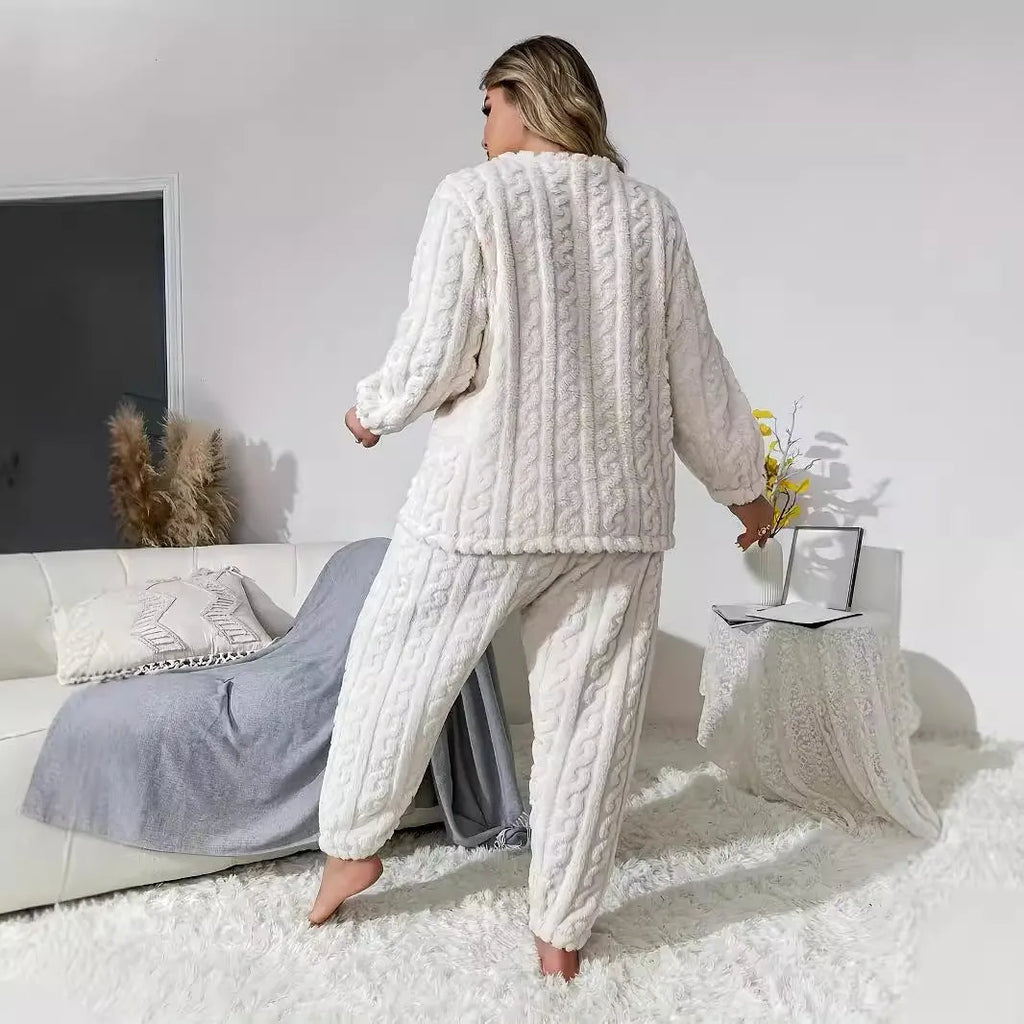 Women's creamy white polyester pyjama set with crew neck top and full-length trousers