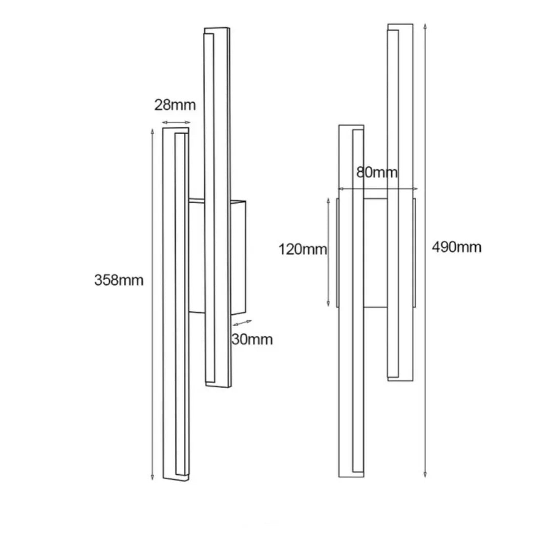 500mm long double line wall lamp with gold finish showing three light colour options