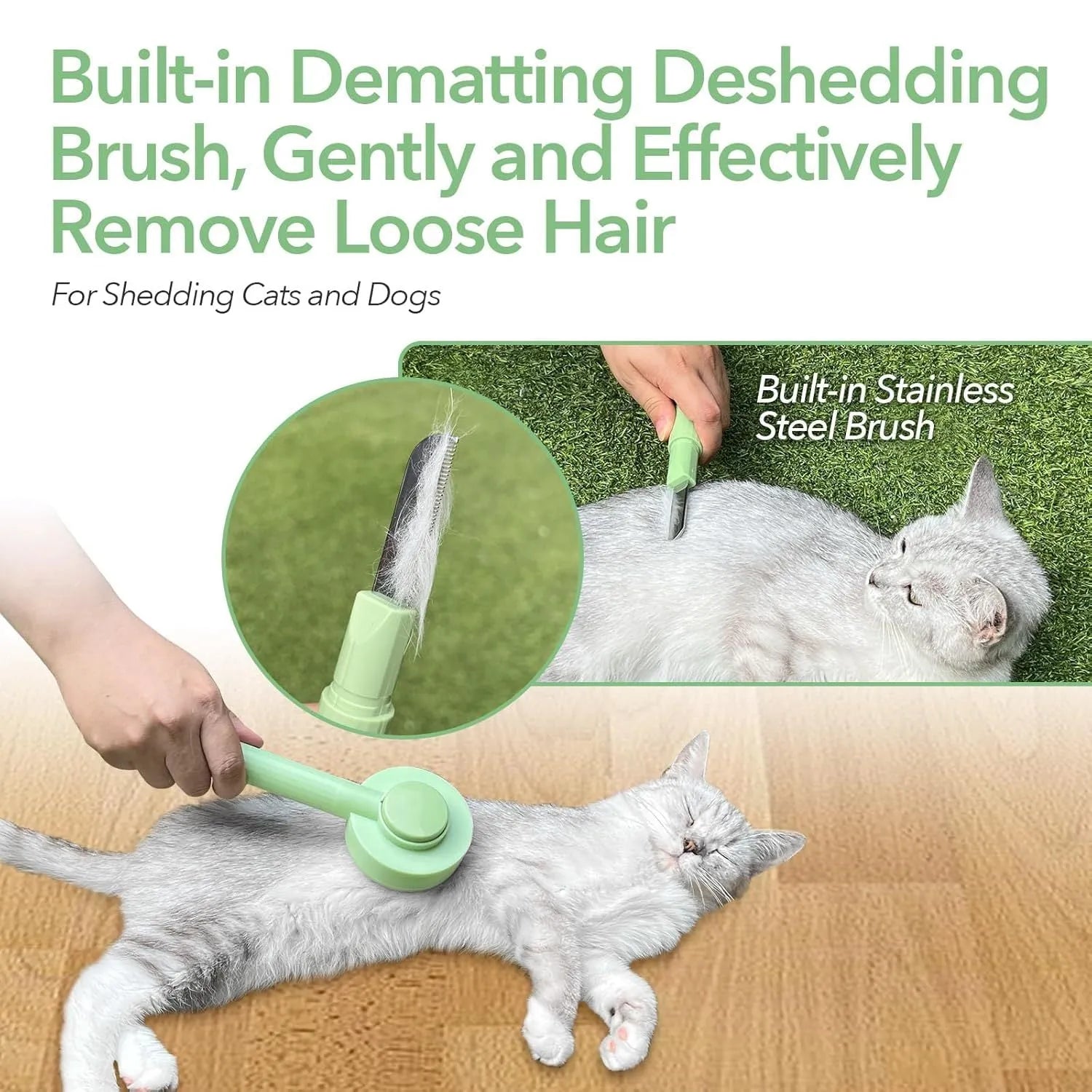 Green and yellow pet grooming brush with stainless steel deshedding teeth and hanging loop