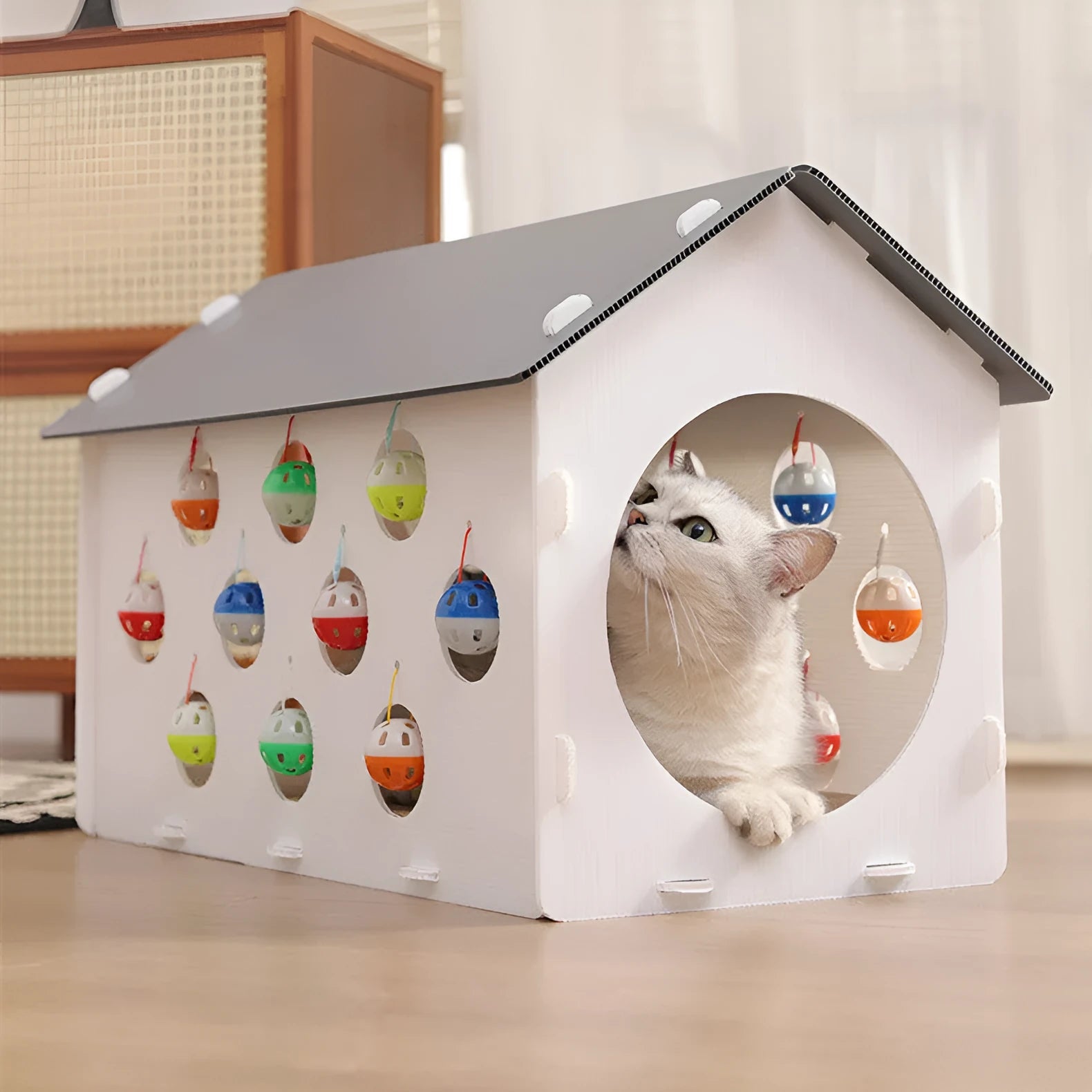House-shaped cat scratch board with integrated bell ball tunnel and pet bed combination