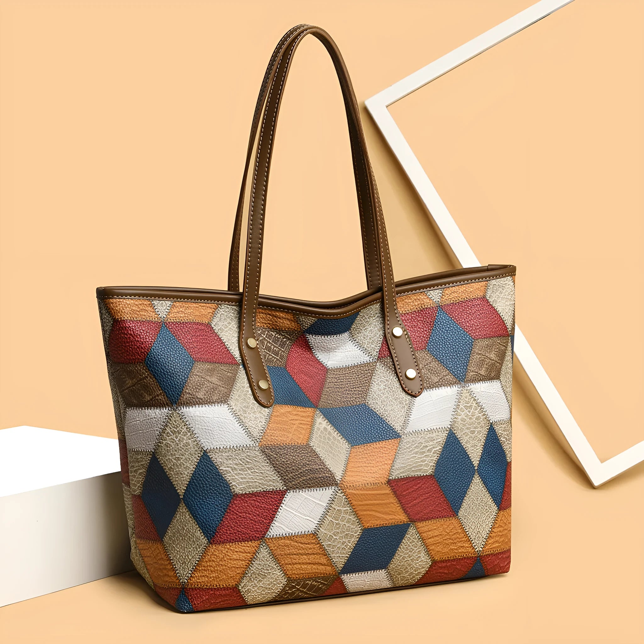 Women's blue brown PVC shoulder bag with sandwich pocket design showing interior organisation