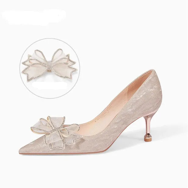 Champagne coloured sequinned women's stiletto pumps with crystal embellishments and pointed toe