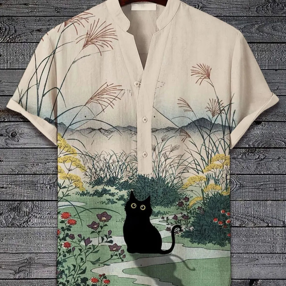 Short sleeve shirt with a vibrant 3D digital animal print pattern on polyester fabric.