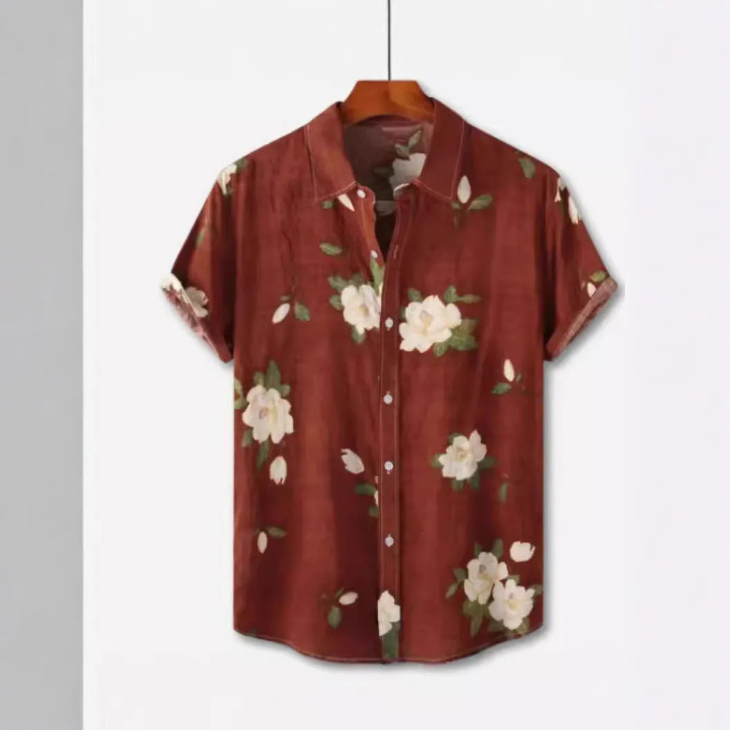 Short sleeve cardigan-style shirt with a Hawaiian floral print on the lapel.