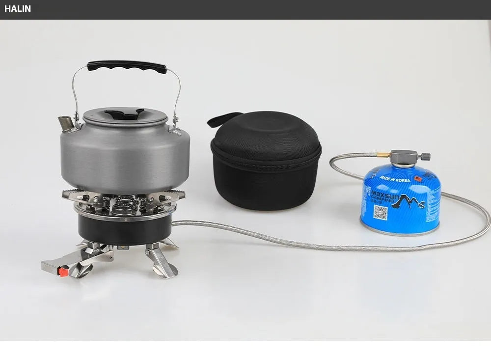 Silver portable split camping stove with stainless steel body and a long black hose, shown folded.